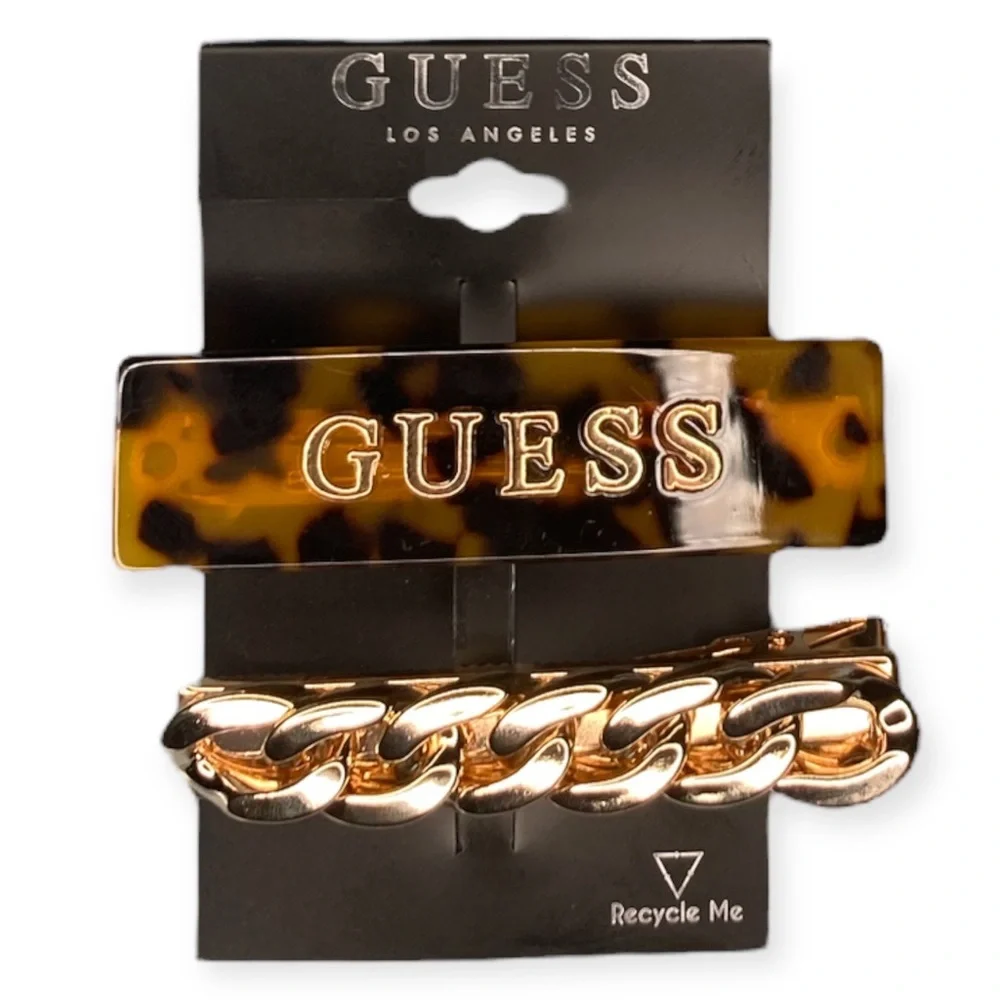 (4) GUESS Hair Clips Accessories Tortoise Chain Bling Rhinestone Leopard Glitter